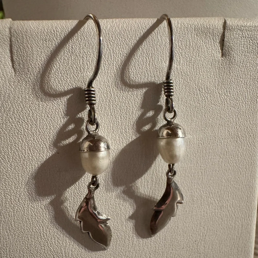 Nature Inspired Acorn Pearl Leaf Silver Drop Earrings